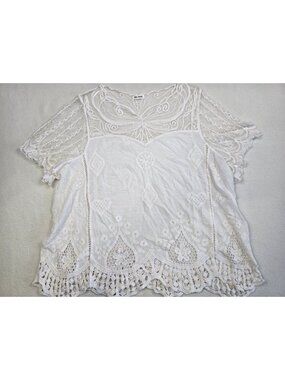 Anthropologie Kindred White Lace Embroidered Blouse 1X Short Sleeve 100% Cotton